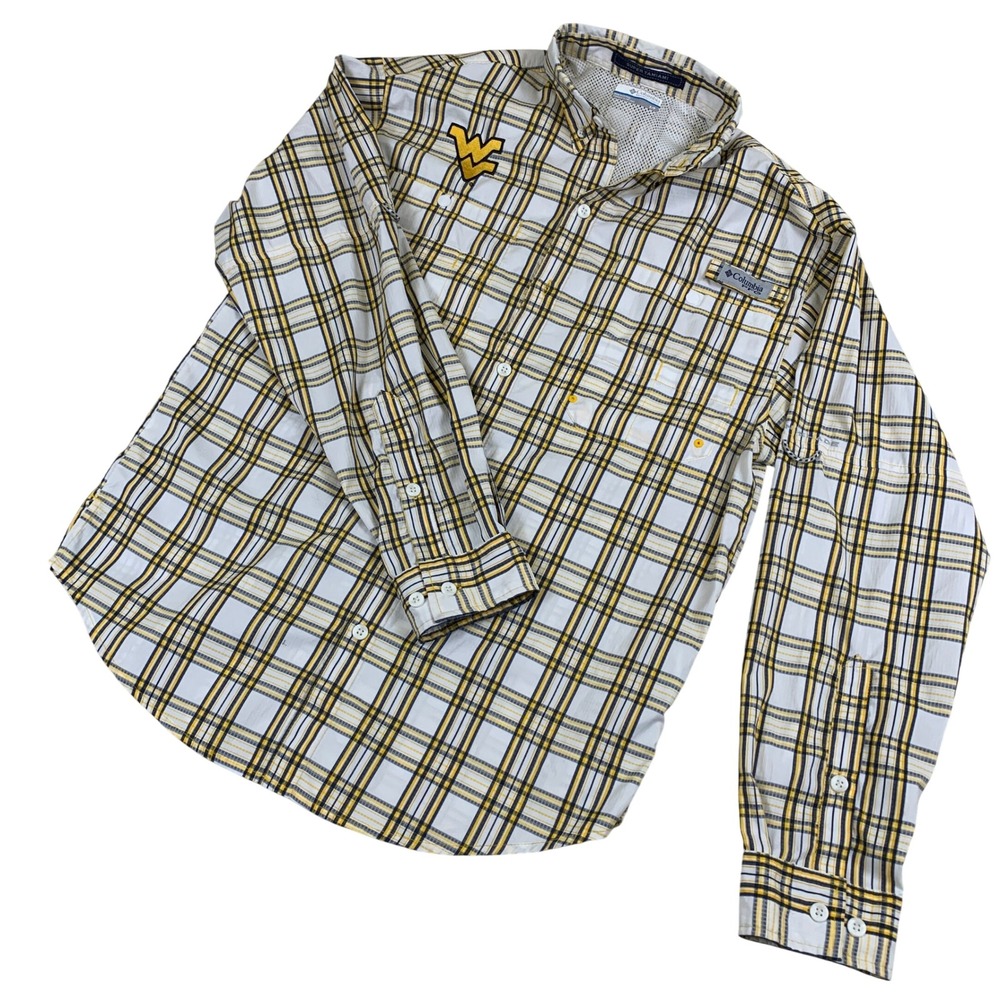 Columbia PFG Men Shirt Small Super Tamiami‎ WVU Mountaineers Plaid Fishing